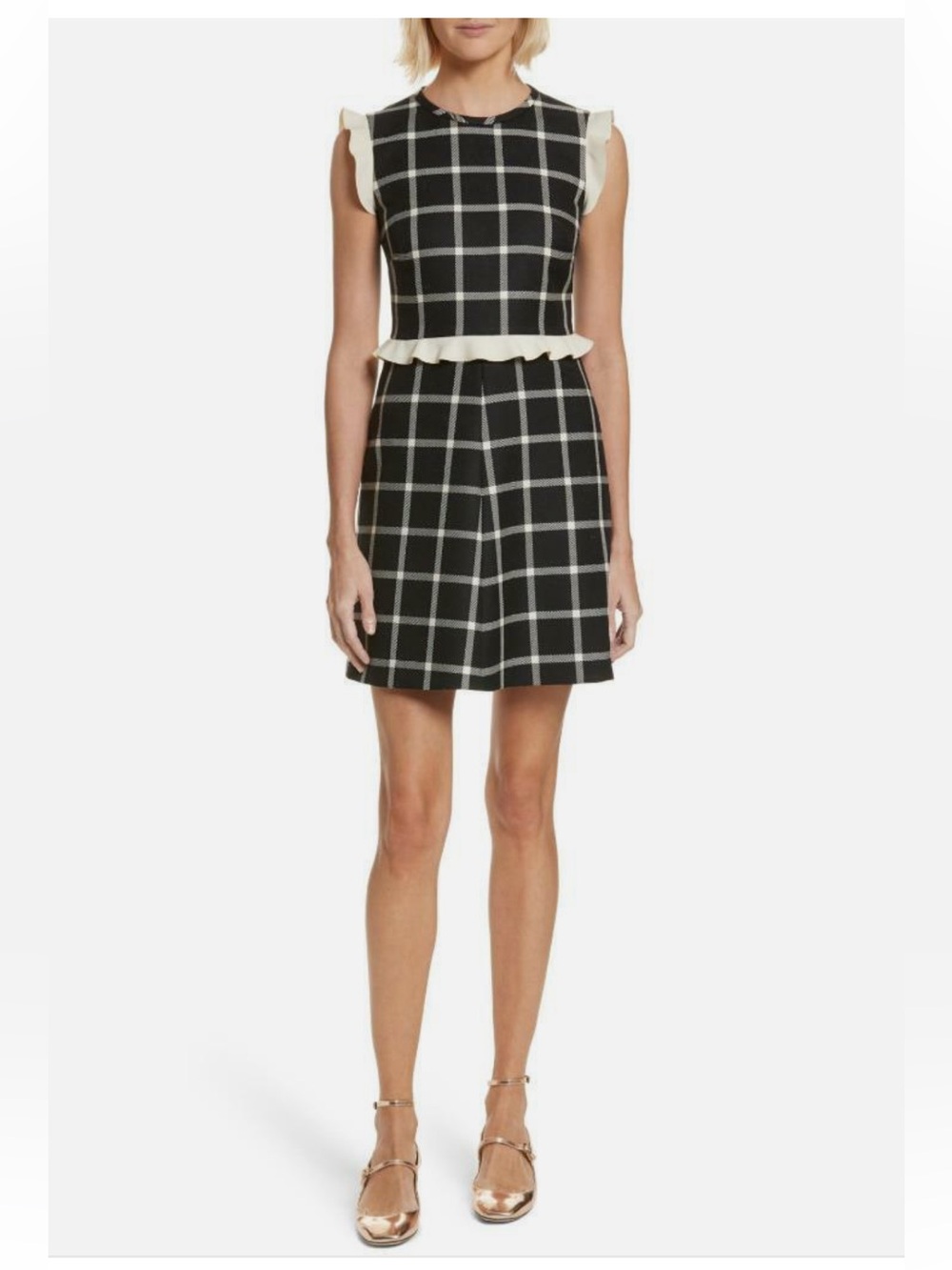 RED Valentino Black plaid Mini Dress with Cream Ruffle Trim